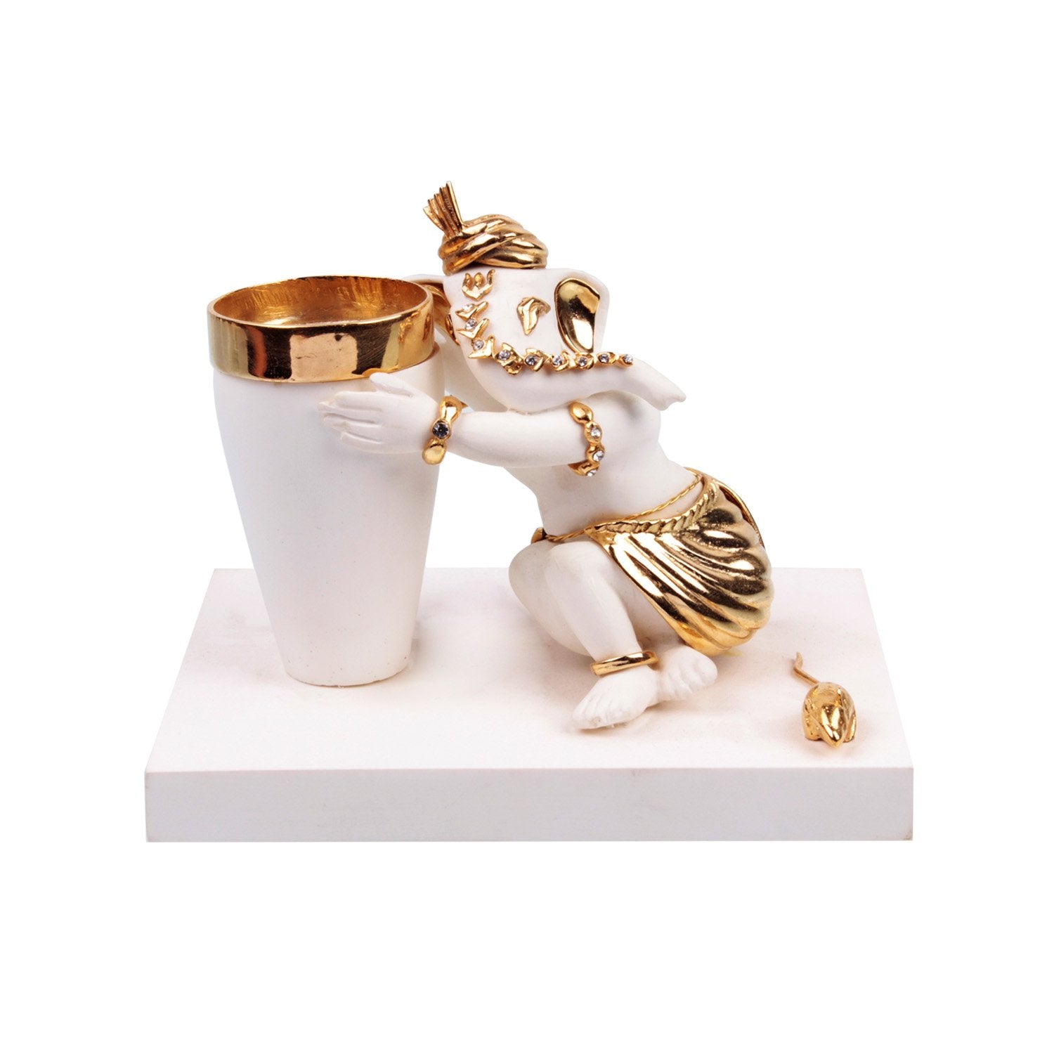 Vakratunda Ganesh Idol - White in Resin and Gold Plated