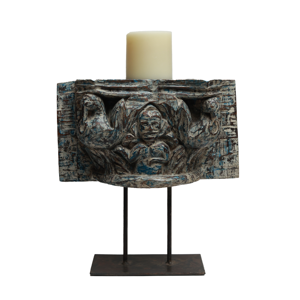 Nalanda Carved Candle Stand - Wood and Metal