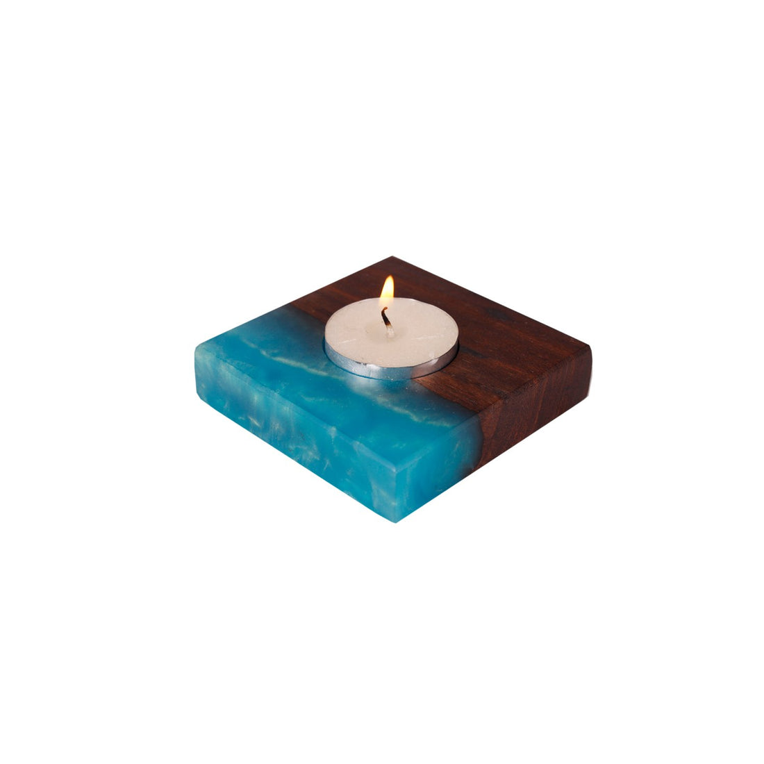 Lune Tea Light Holder - Blue in Wood and Resin
