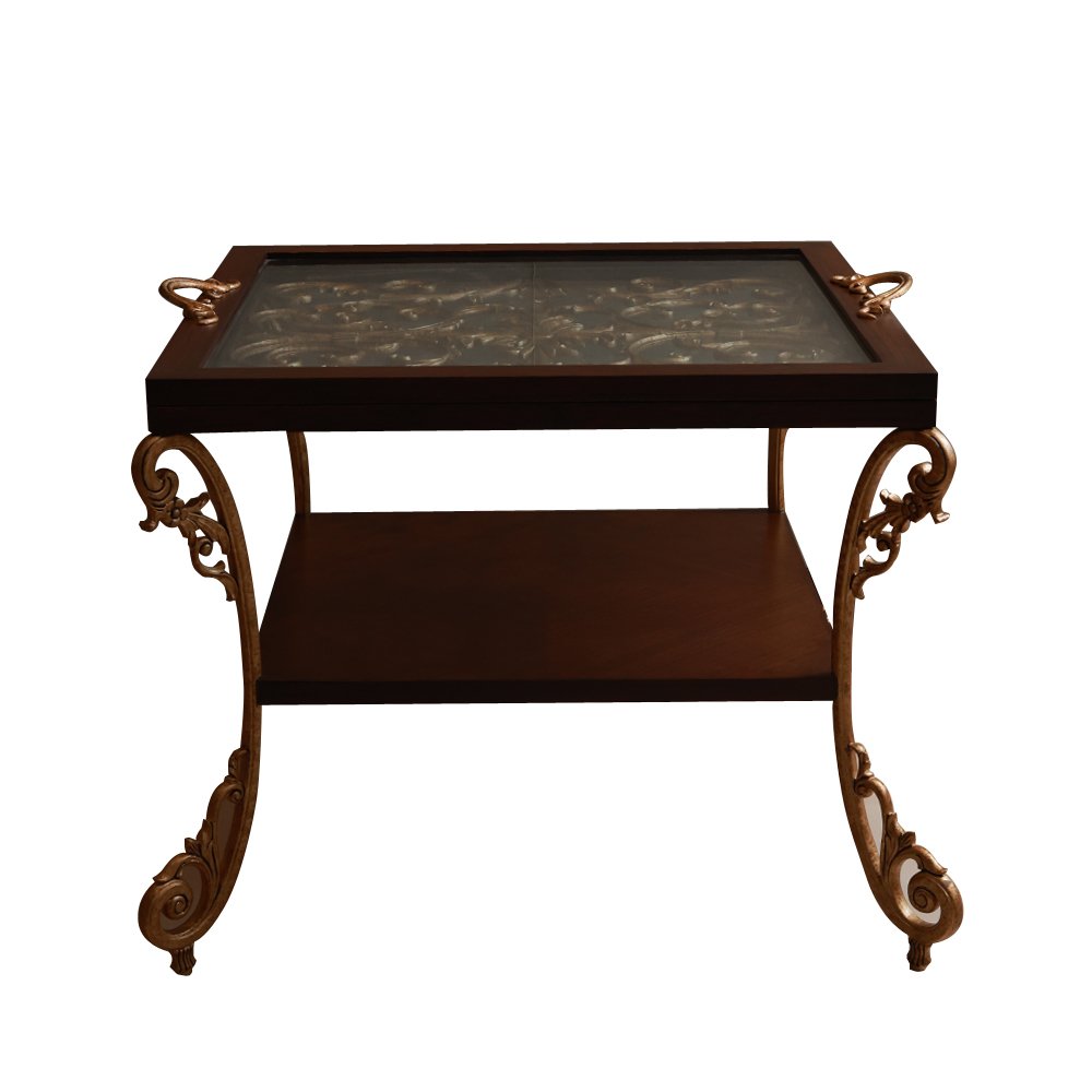 Table With Tray - Brown in Teak Wood and Metal