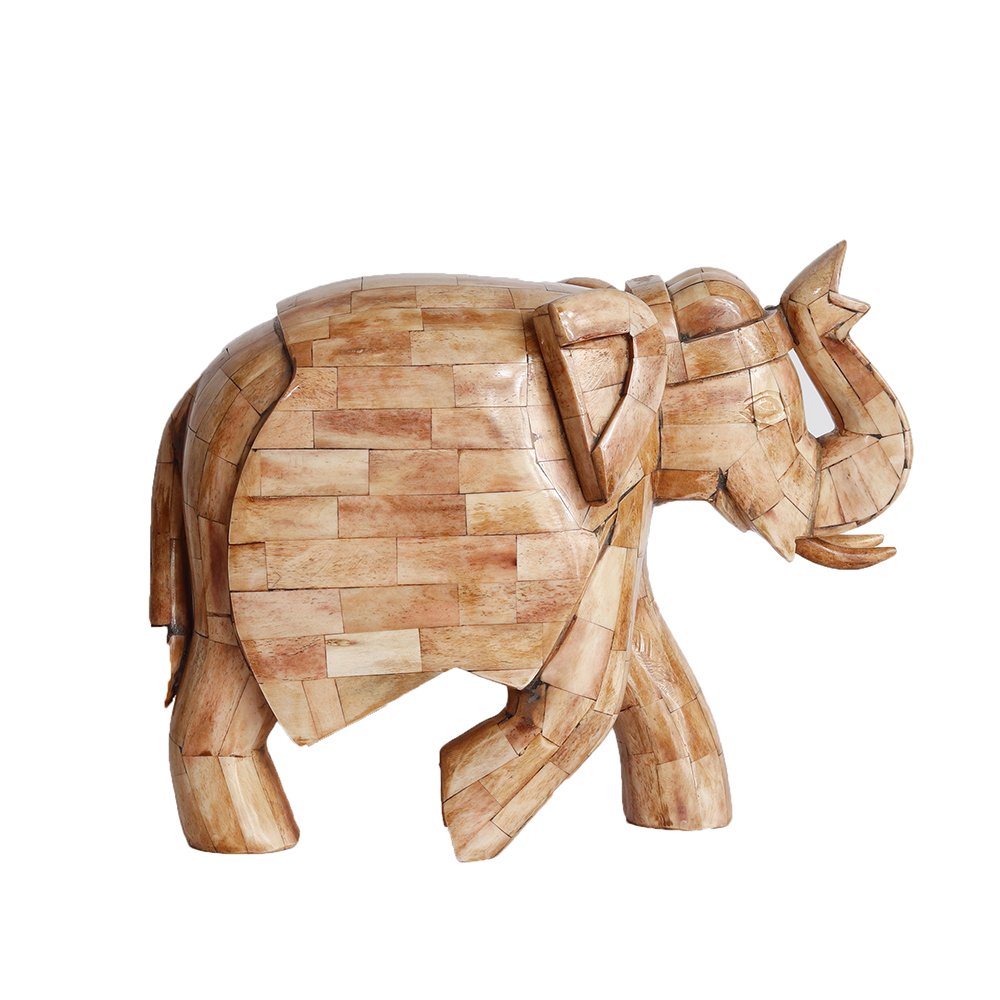 Elephant Sculpture – Beige in Wood and Bone Inlay