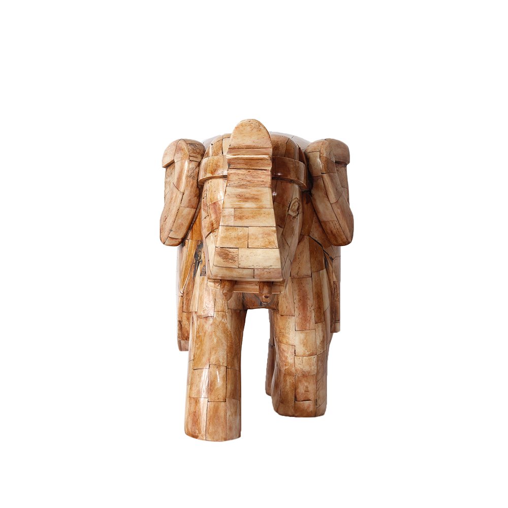 Elephant Sculpture – Beige in Wood and Bone Inlay