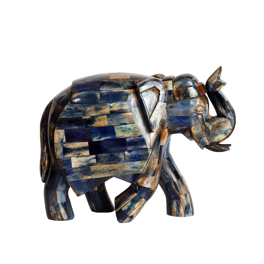 Elephant Sculpture – Blue in Wood and Bone Inlay