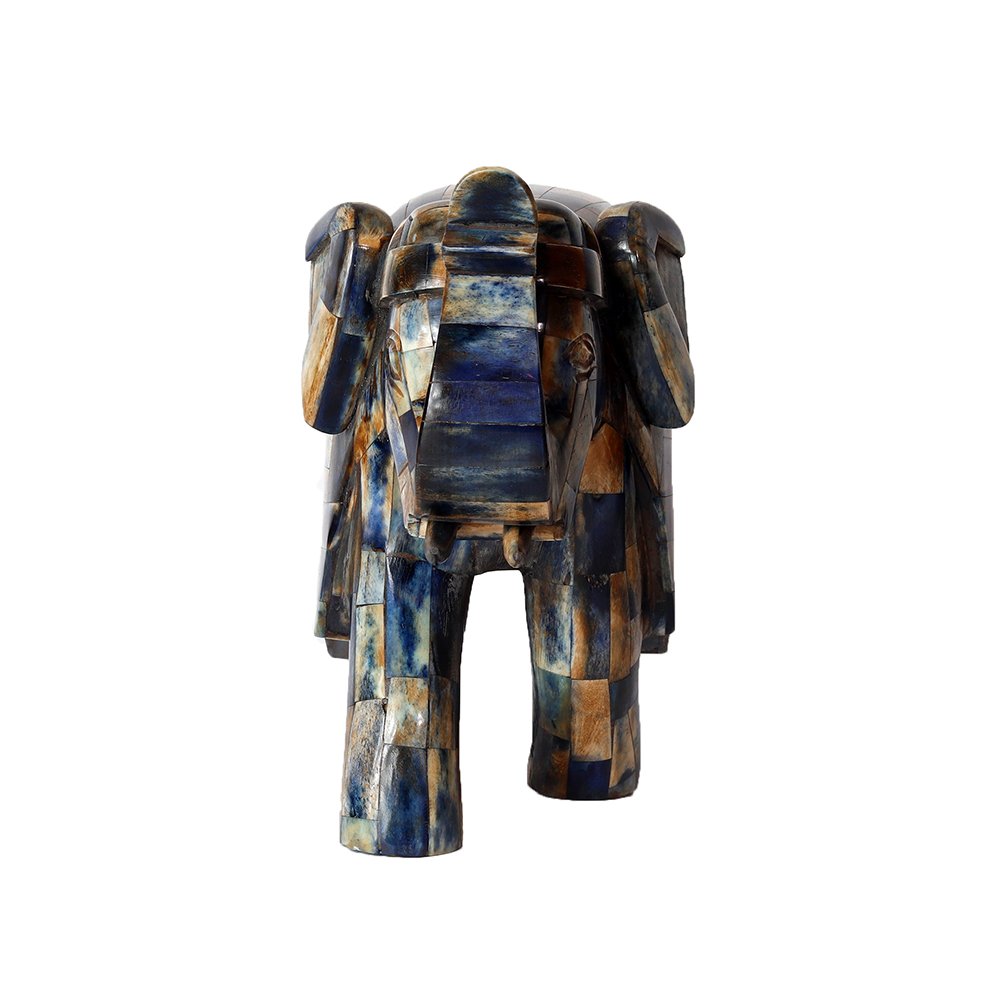 Elephant Sculpture – Blue in Wood and Bone Inlay