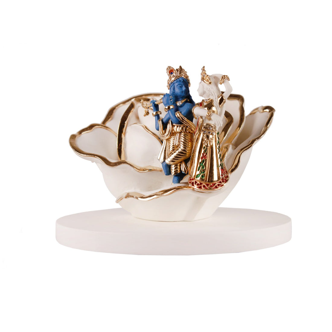 Radha Krishna Dancing On A Rose Idol - White in Gold Plated and Resin