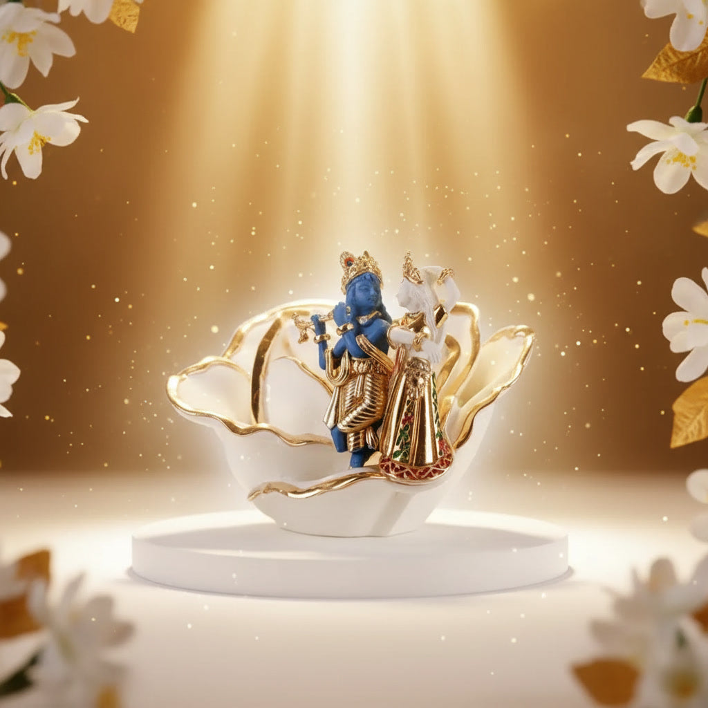 Radha Krishna Dancing On A Rose Idol - White in Gold Plated and Resin