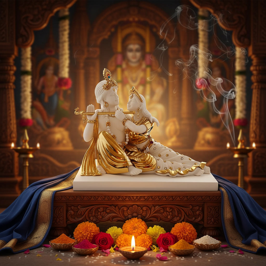 Krishna and Radha Idol - White in Resin and Gold Plated
