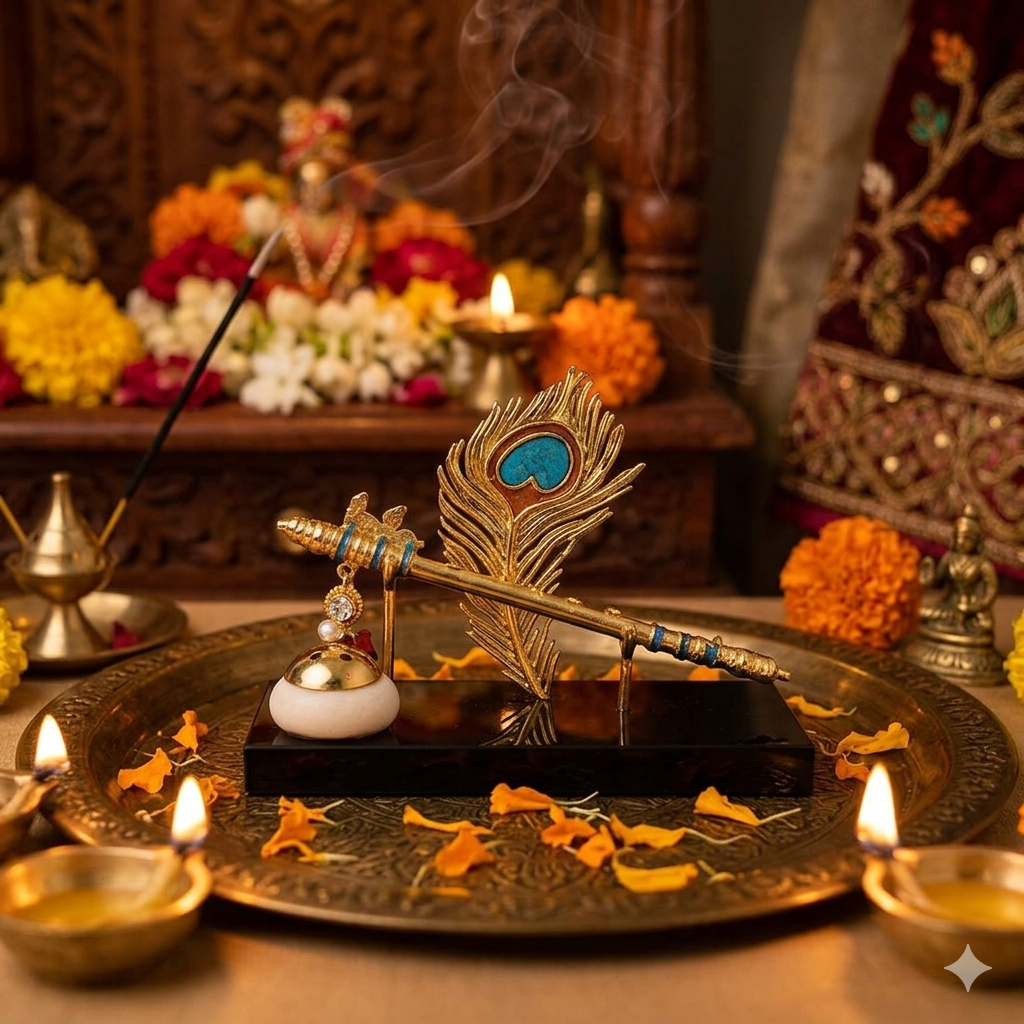 Krishna Bansuri Incense Holder - Resin and Gold Plated
