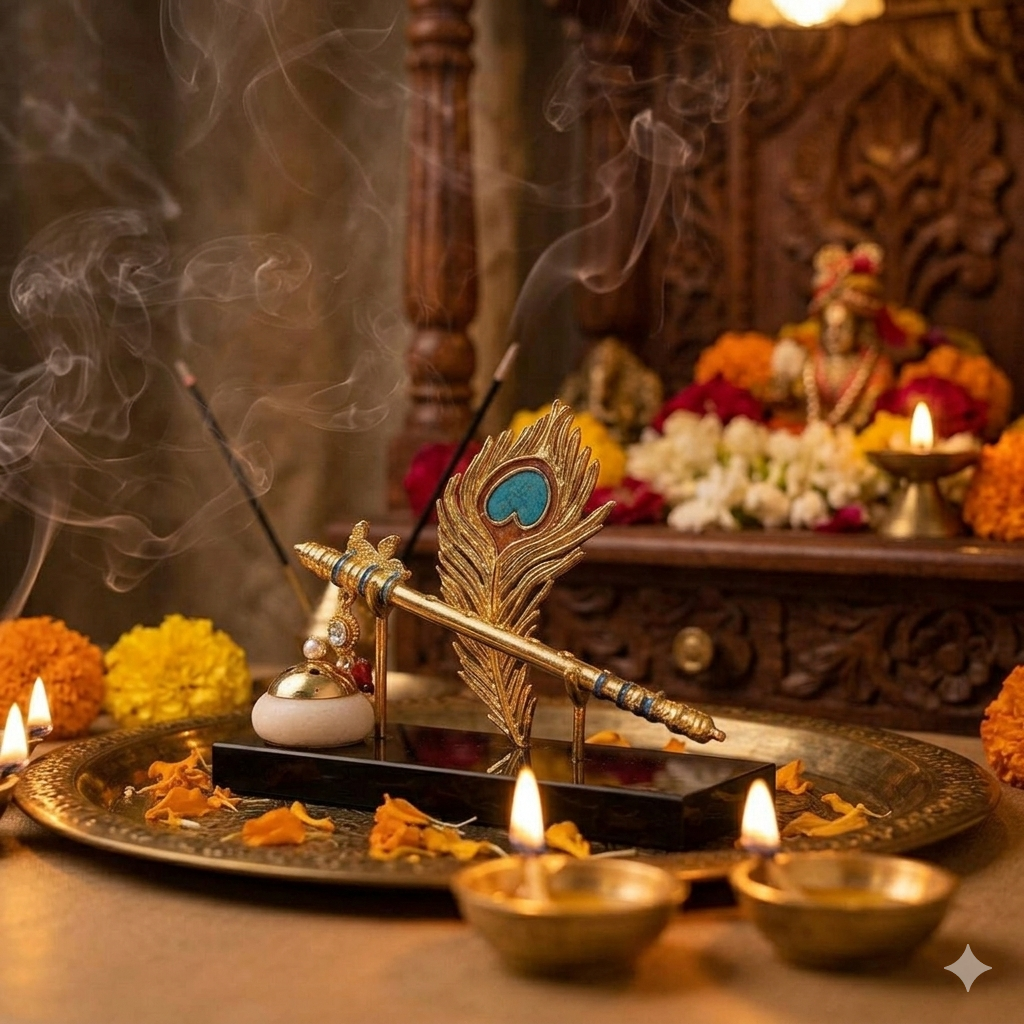 Krishna Bansuri Incense Holder - Resin and Gold Plated