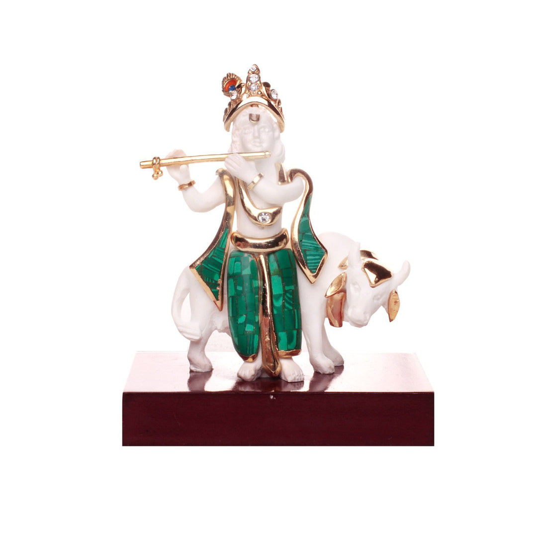 Krishna With Cow Idol - Turquoise and White in Resin and Gold Plated