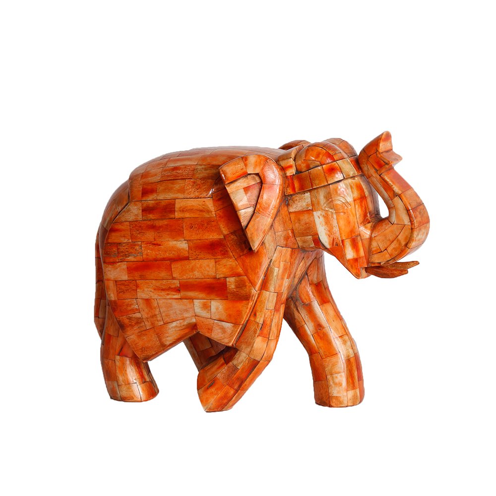 Elephant Sculpture - Orange in Wood And Bone Inlay